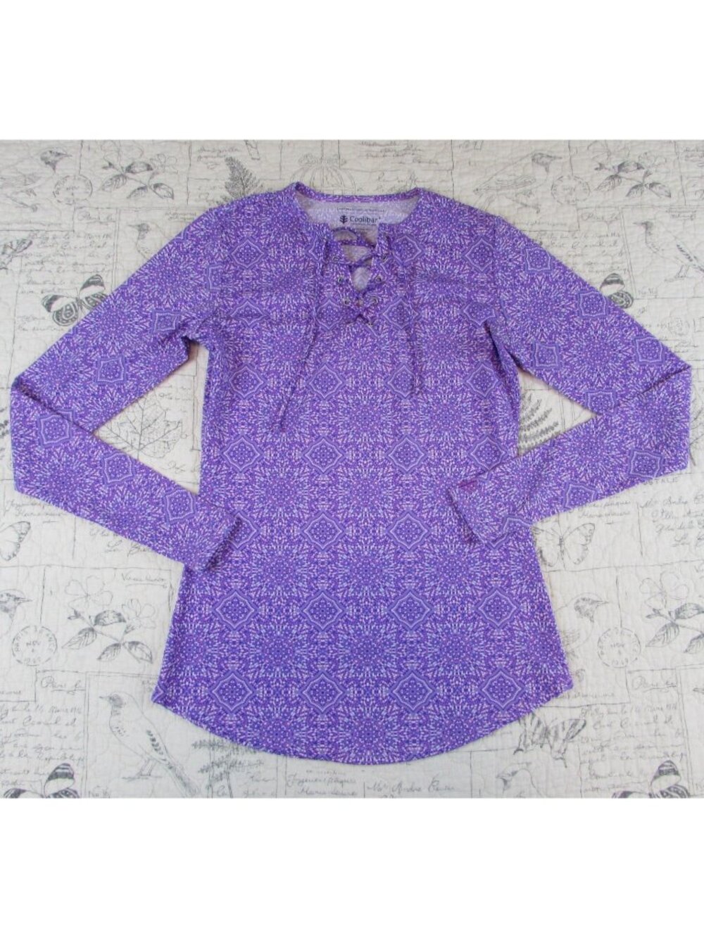 Coolibar Blouse Womens Purple Paisley Tunic V-Neck Lace up UV Protection XS